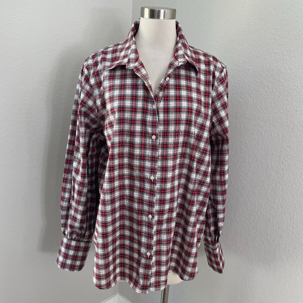 Chaps Womens Plus XXL Red White Green Plaid Button Up Shirt Long Sleeve Holiday